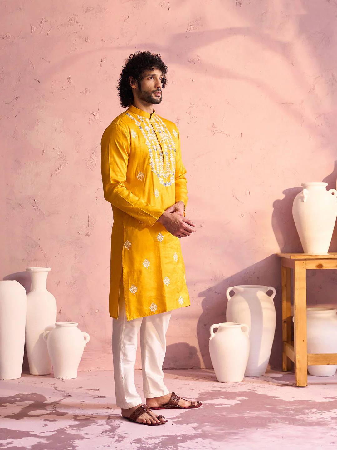 Men's Yellow Embroidered Silk Kurta Pyjama Set - Image 3