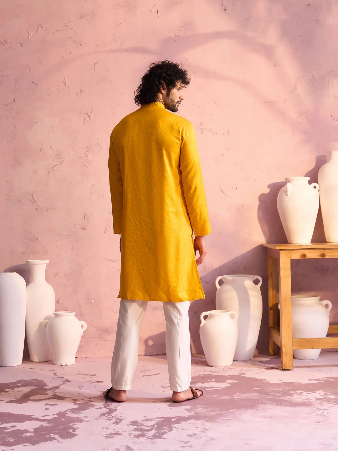 Men's Yellow Embroidered Silk Kurta Pyjama Set - Image 4
