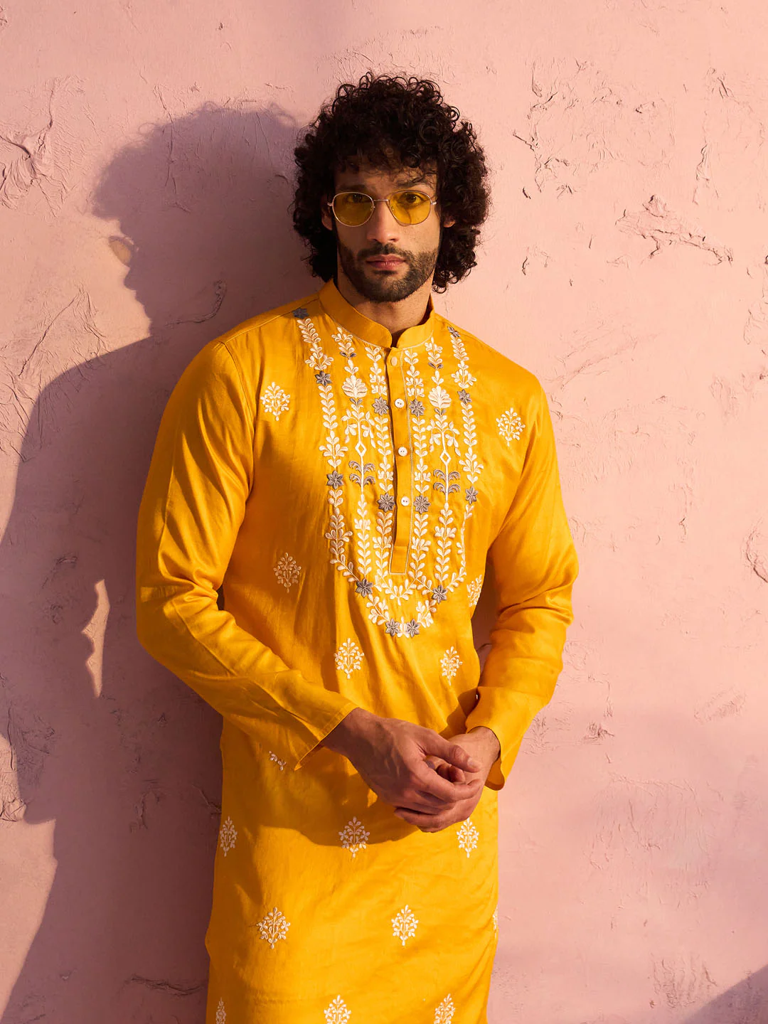 Men's Yellow Embroidered Silk Kurta Pyjama Set - Image 5