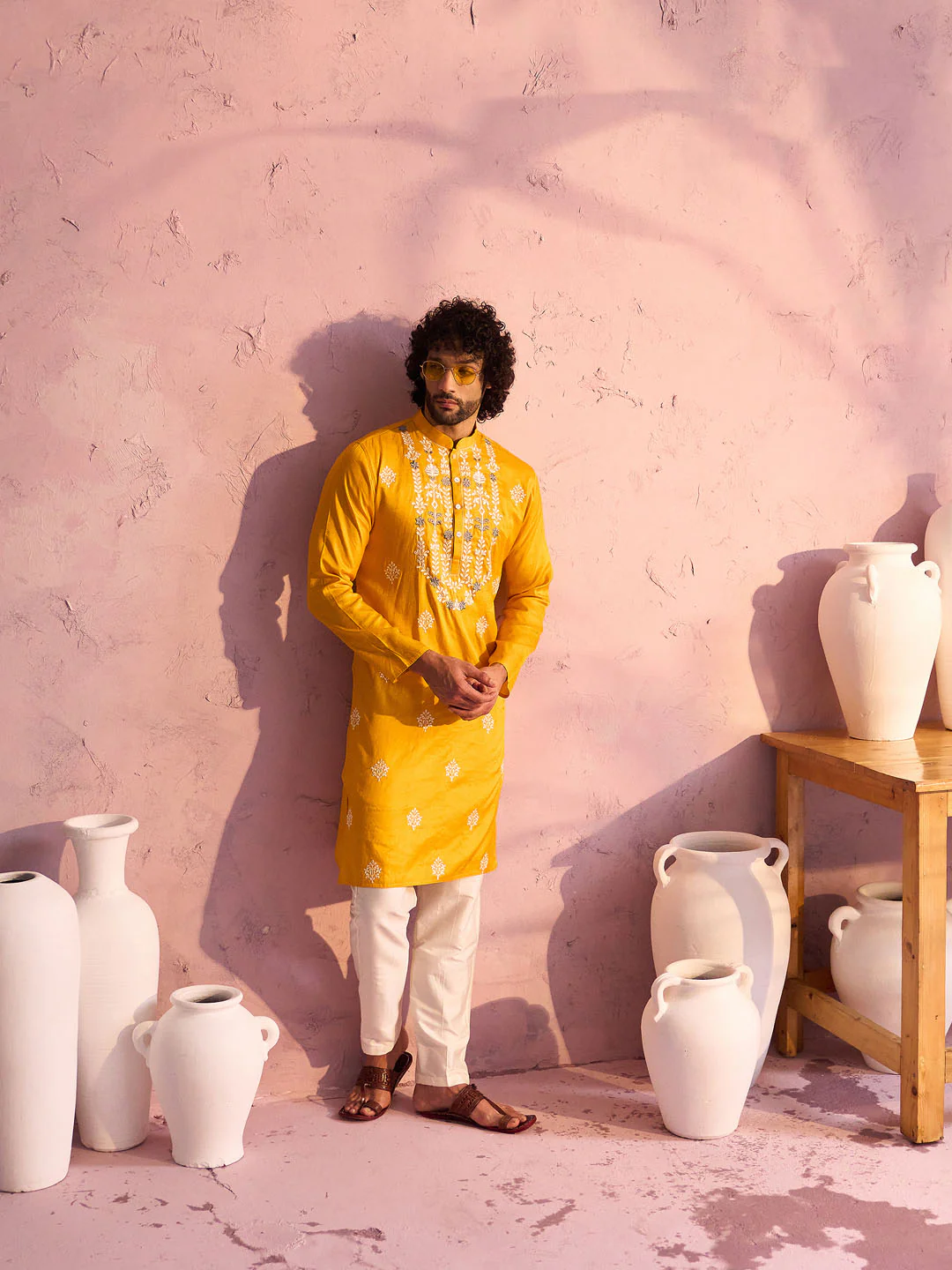 Men's Yellow Embroidered Silk Kurta Pyjama Set - Image 7