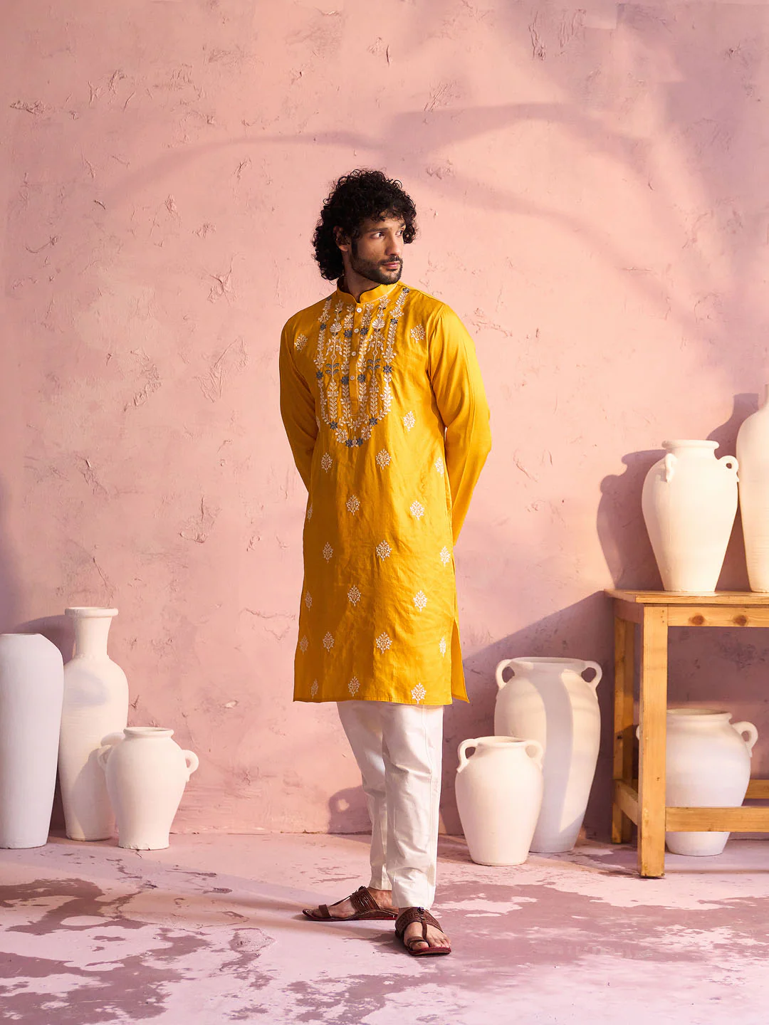Men's Yellow Embroidered Silk Kurta Pyjama Set - Image 8