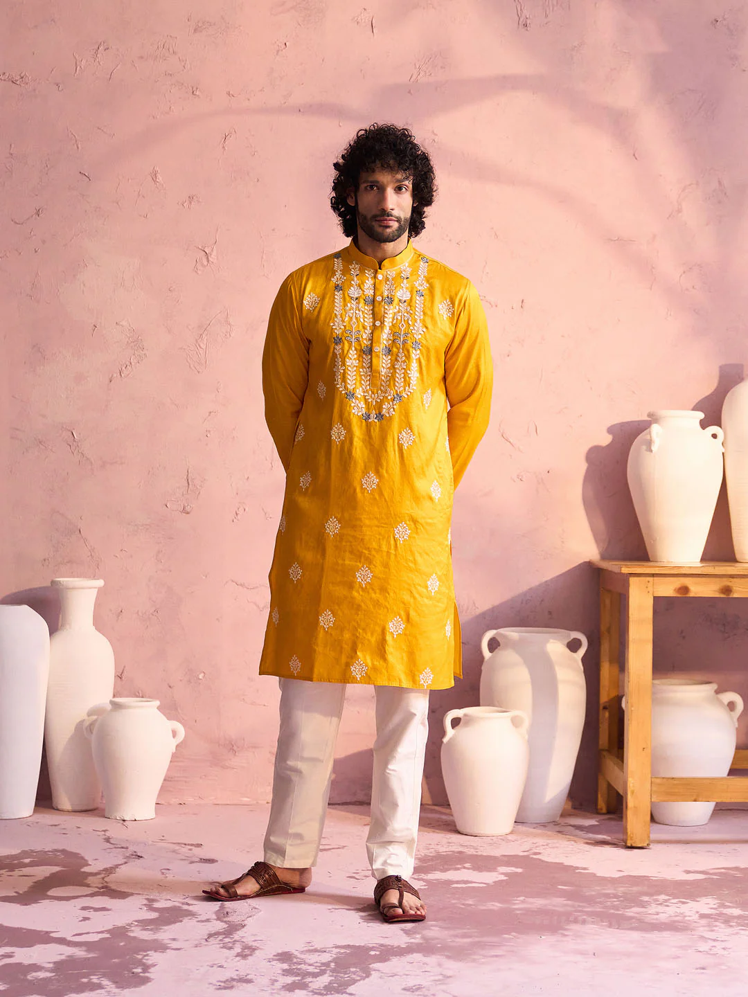 Men's Yellow Embroidered Silk Kurta Pyjama Set - Image 9