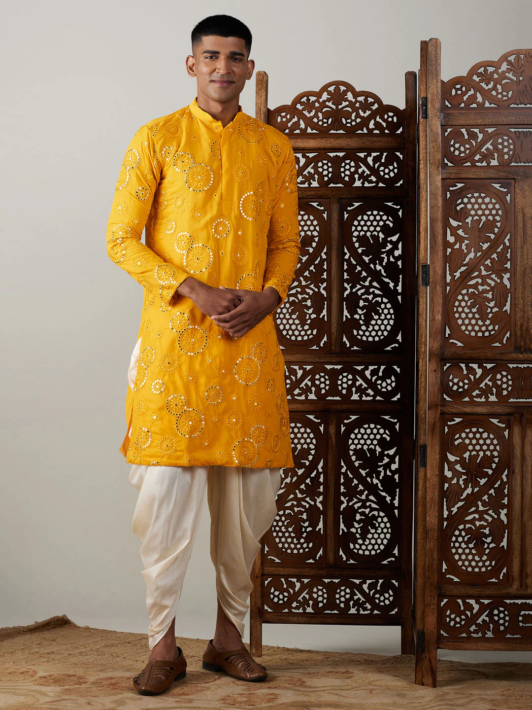 Men's Yellow Embroidered Kurta Dhoti Set - Image 8
