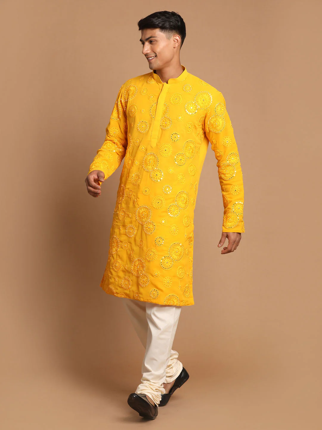 Men's Yellow Embroidered Kurta Pyjama Set - Image 2