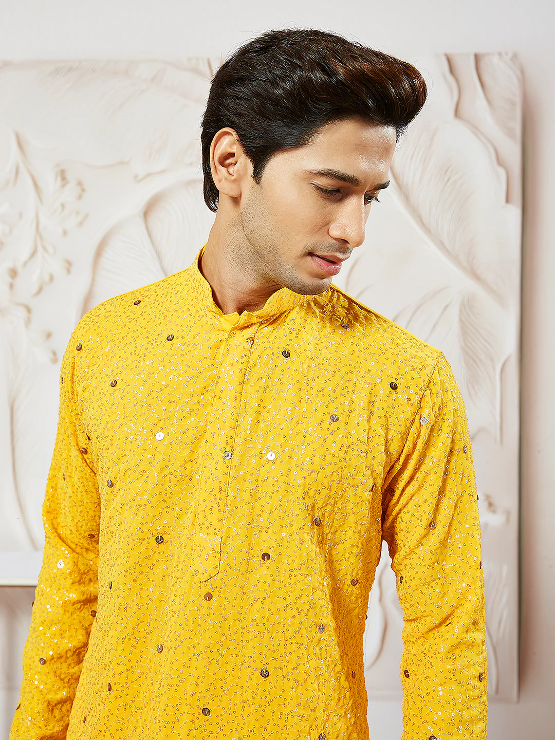 Men's Yellow Georgette Zari With Sequins Worked Kurta Patiala Set - Image 5
