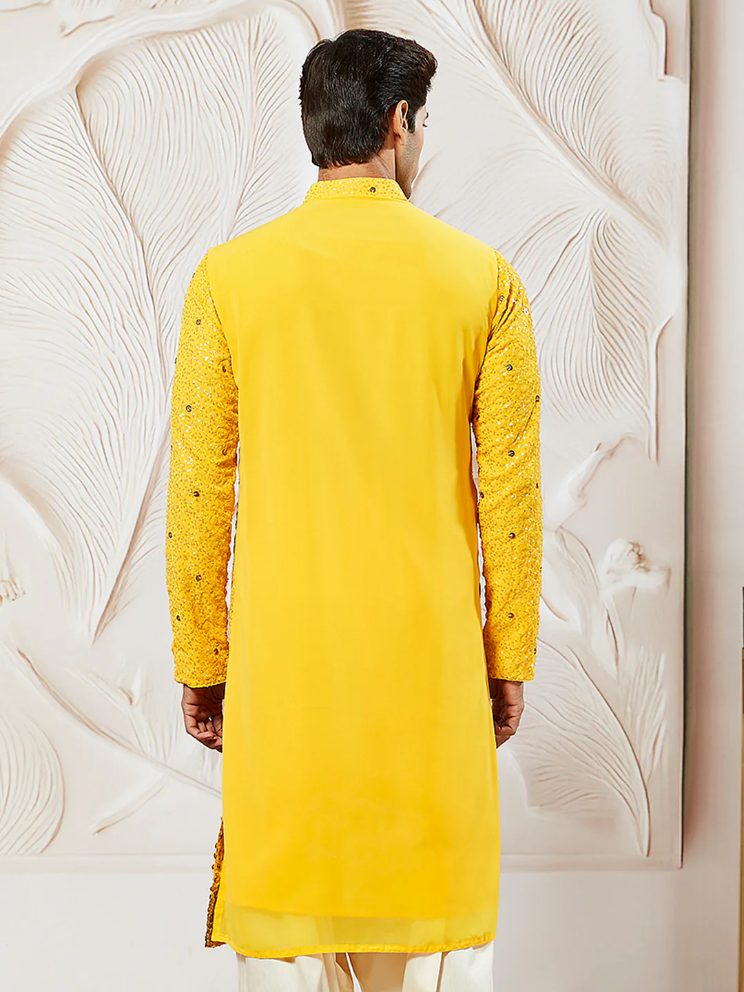 Men's Yellow Georgette Zari With Sequins Worked Kurta - Image 5