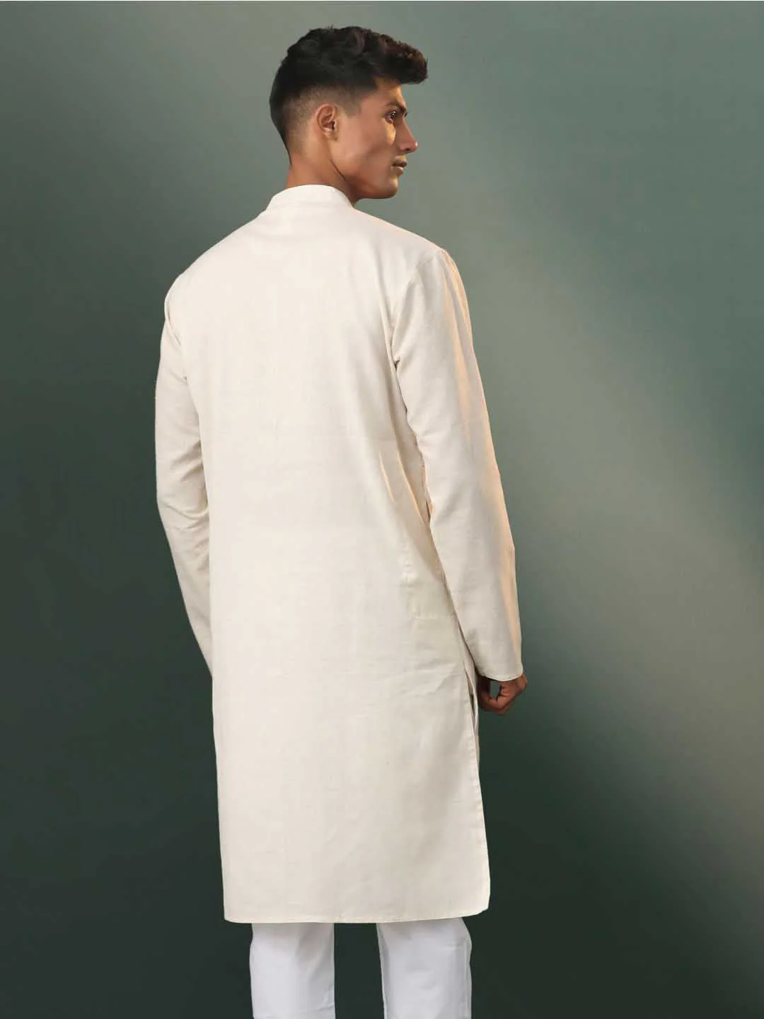 Men's Cream Jacquard Cotton Kurta - Image 3