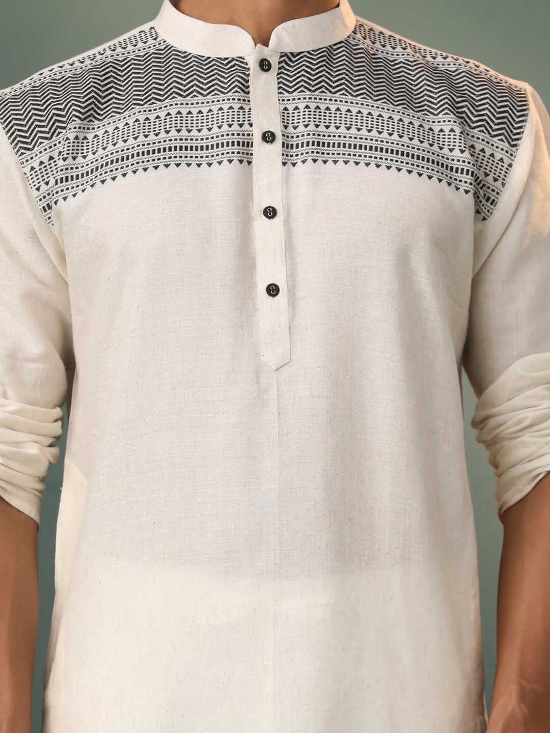Men's Cream Jacquard Cotton Kurta Pyjama Set - Image 4