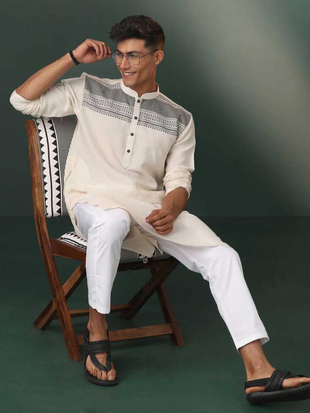 Men's Cream Jacquard Cotton Kurta Pyjama Set - Image 7