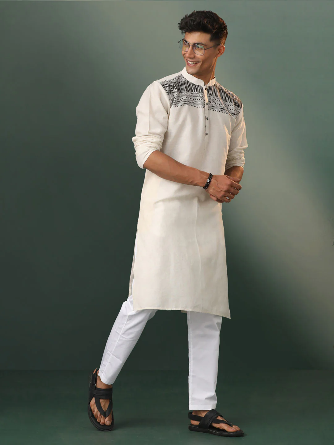 Men's Cream Jacquard Cotton Kurta Pyjama Set - Image 2