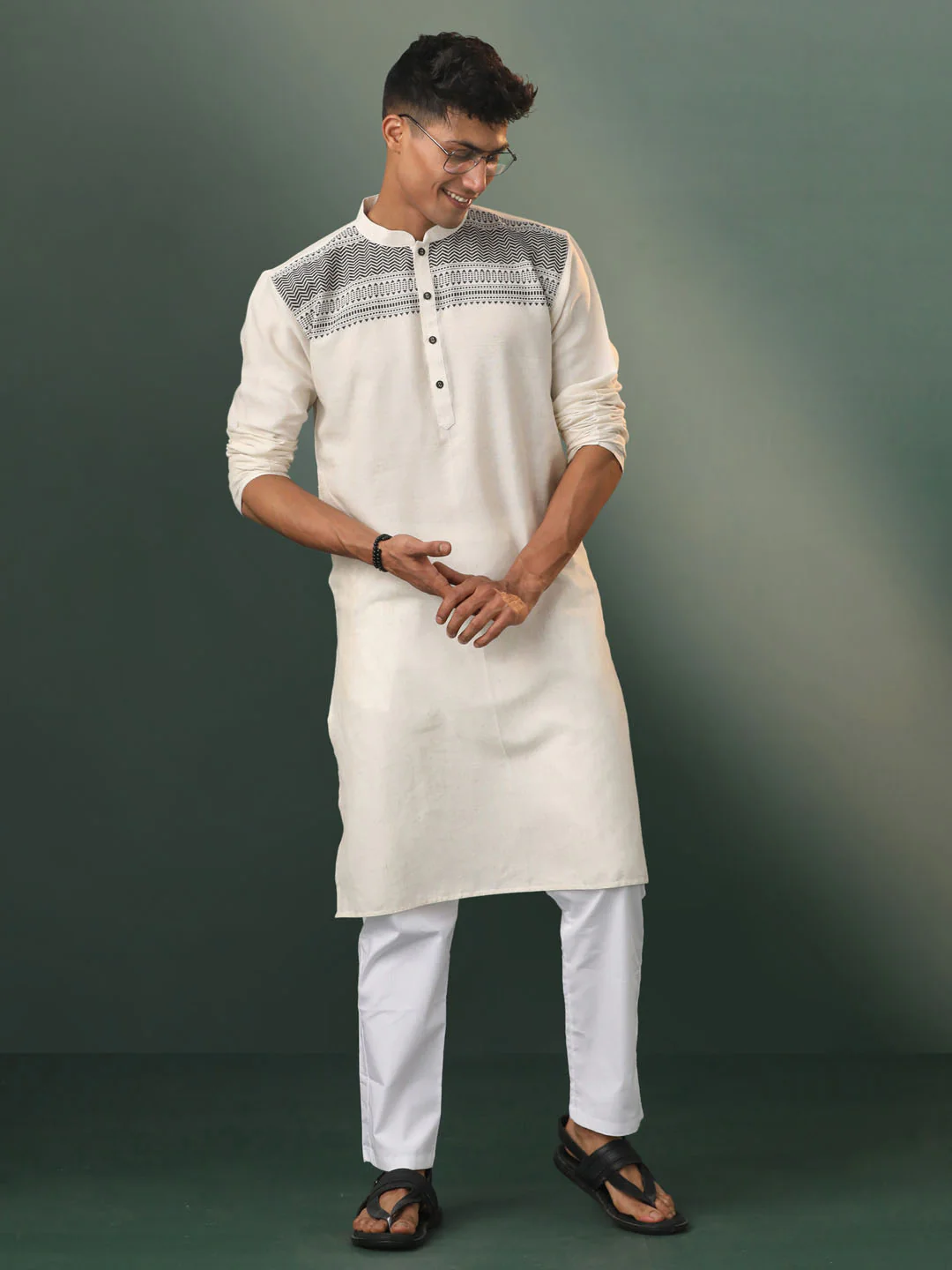 Men's Cream Jacquard Cotton Kurta Pyjama Set - Image 7