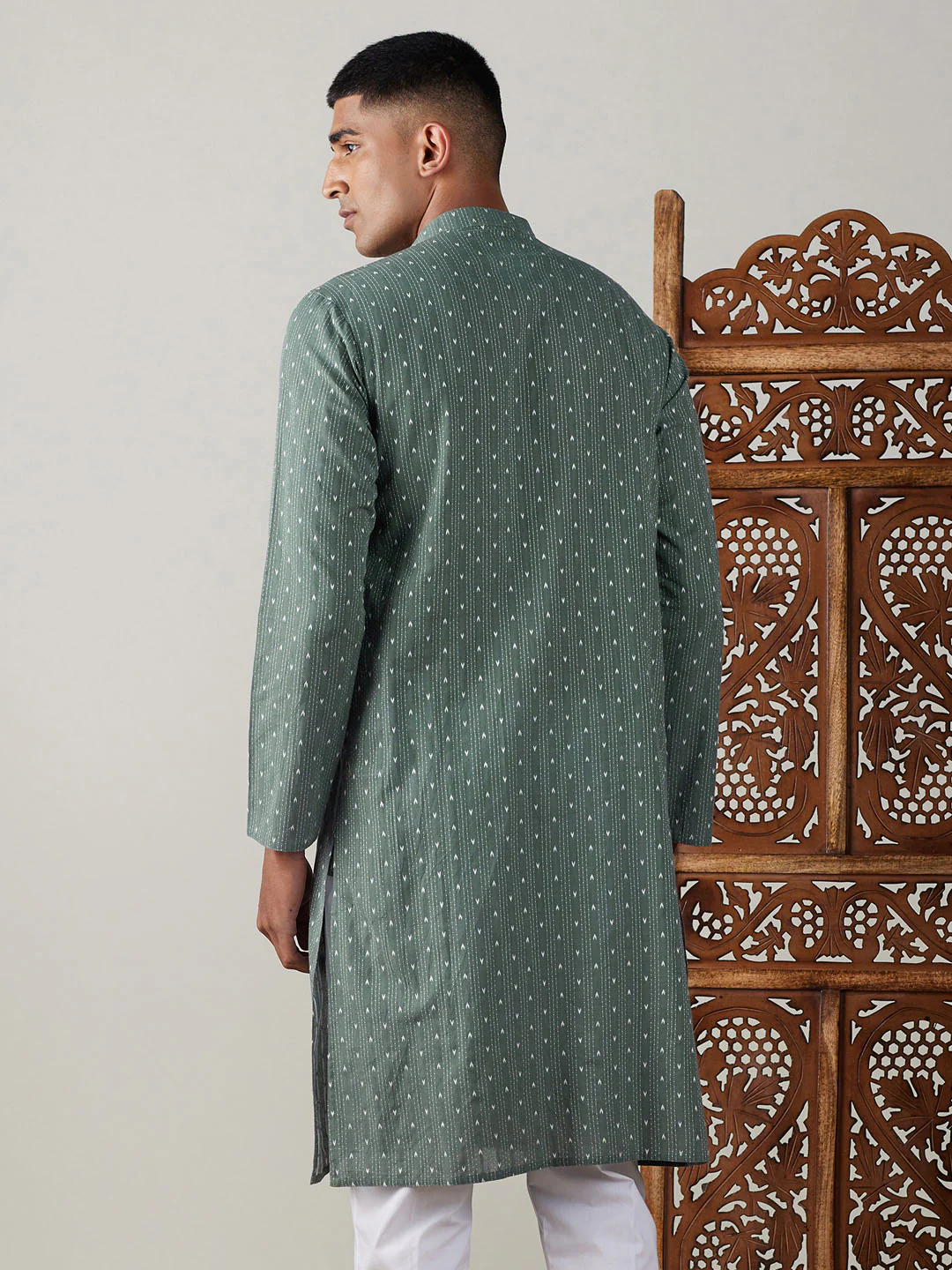 Men's Green Cotton Jacquard Kurta - Image 2