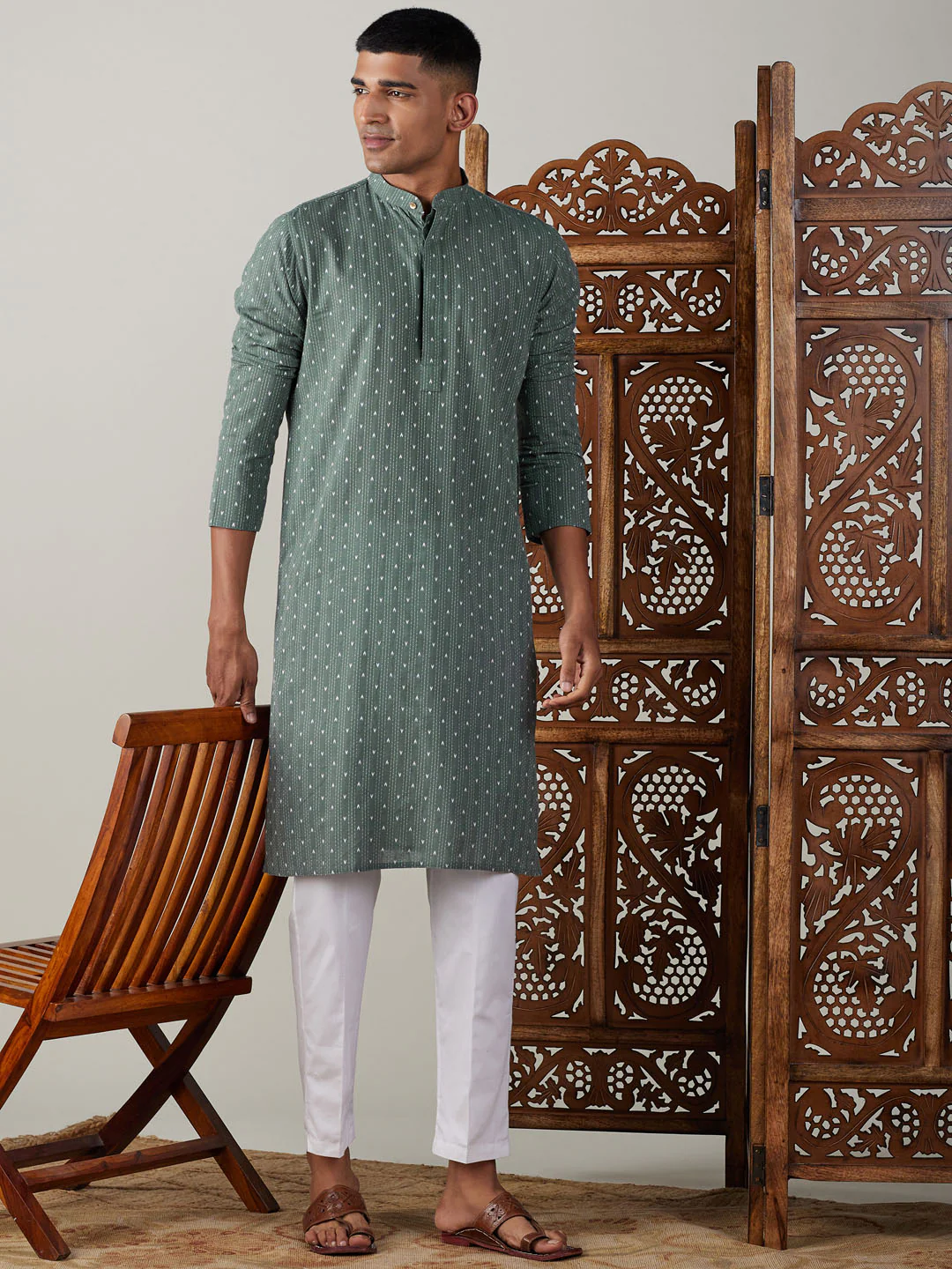 Men's Green Cotton Jacquard Kurta - Image 3