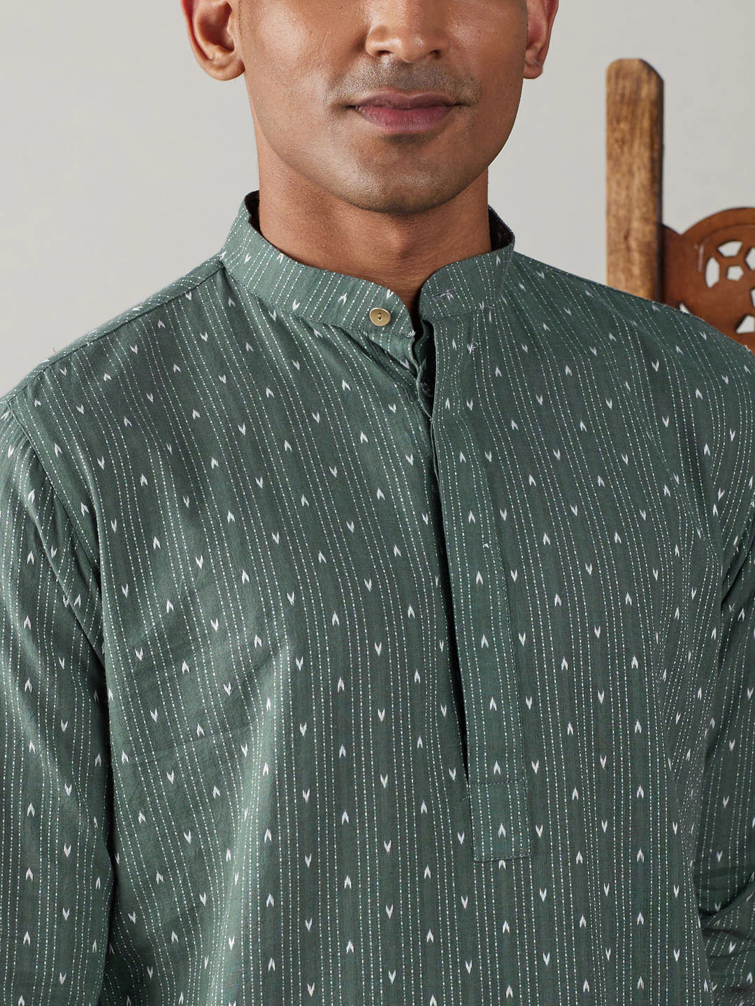 Men's Green Cotton Jacquard Kurta - Image 4