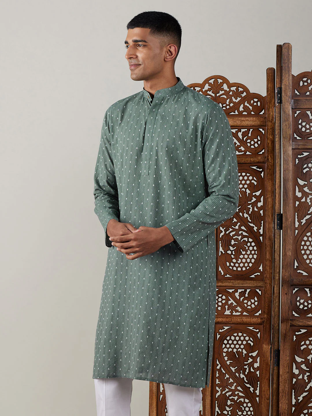 Men's Green Cotton Jacquard Kurta - Image 5