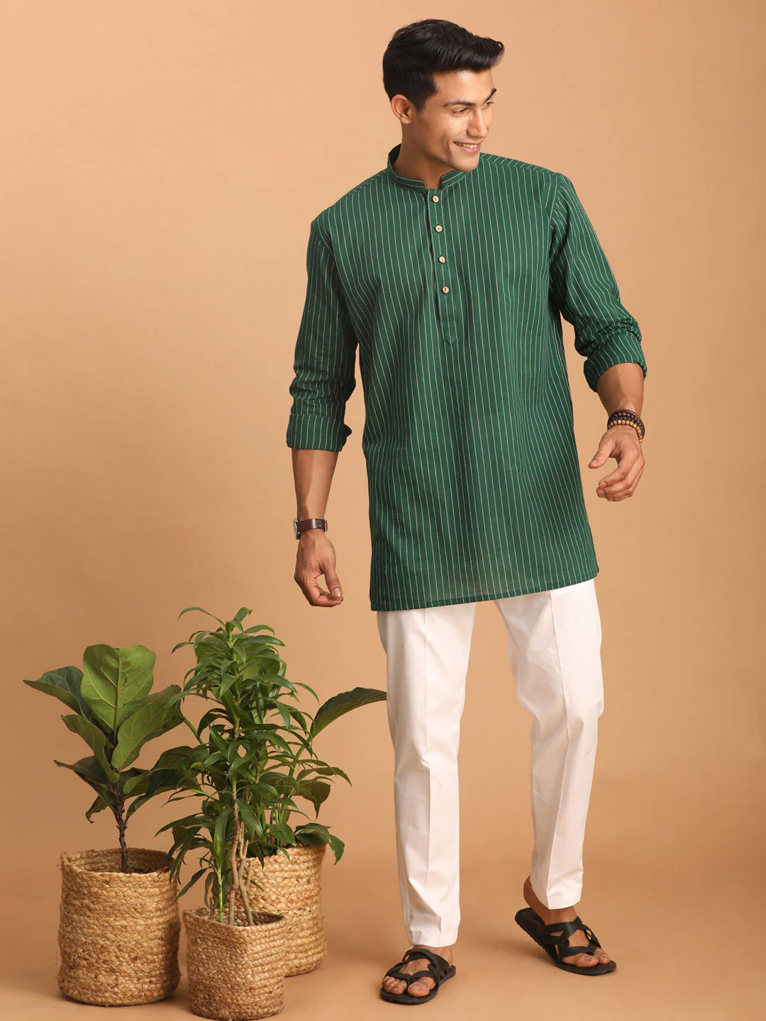 Men's Green Striped Cotton Short Kurta With White Pant - Image 2