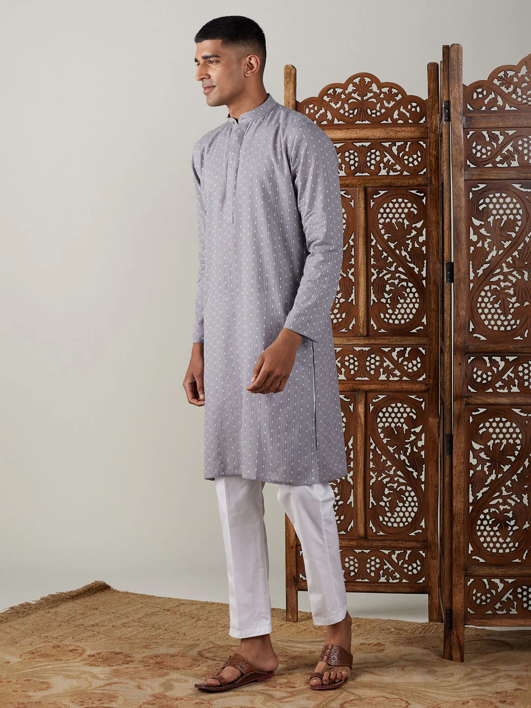 Men's Grey Cotton Jacquard Kurta With White Pant Set - Image 2
