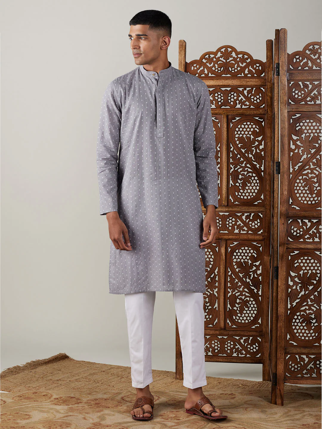 Men's Grey Cotton Jacquard Kurta With White Pant Set - Image 7