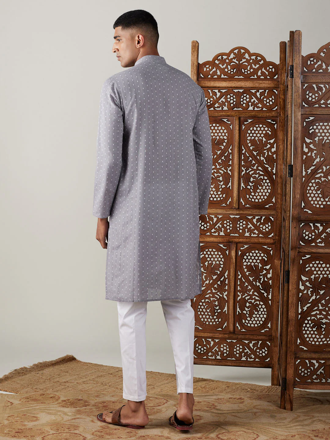 Men's Grey Cotton Jacquard Kurta With White Pant Set - Image 3