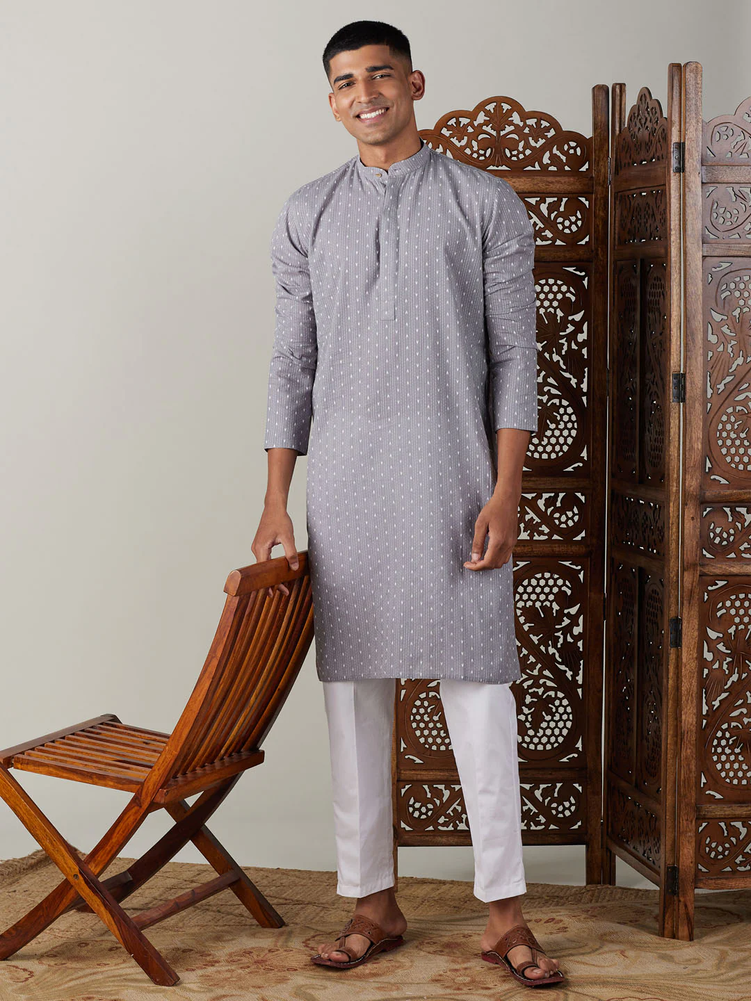 Men's Grey Cotton Jacquard Kurta With White Pant Set - Image 6