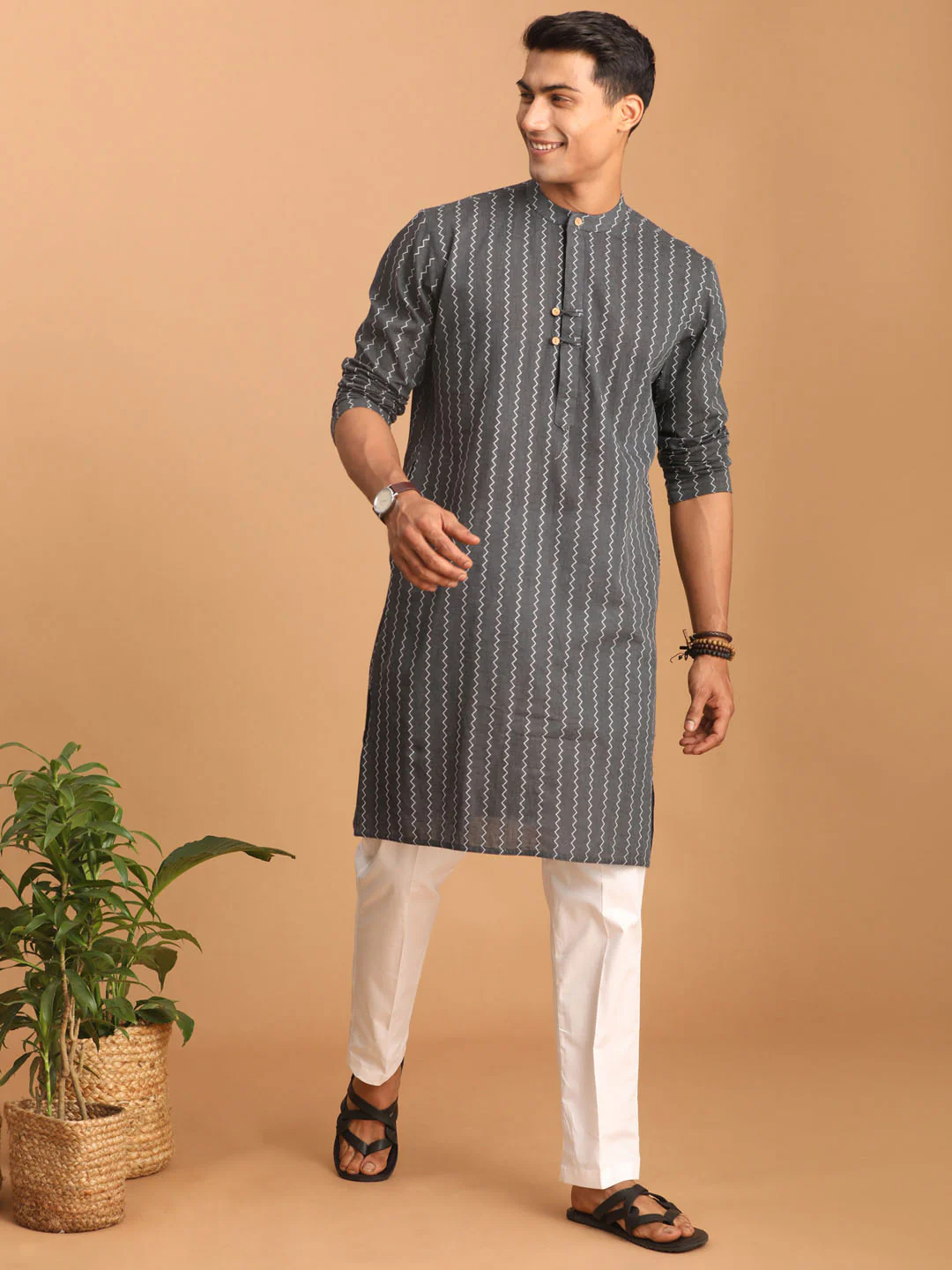 Men's Grey Jacquard Zig Zag Cotton Kurta - Image 5