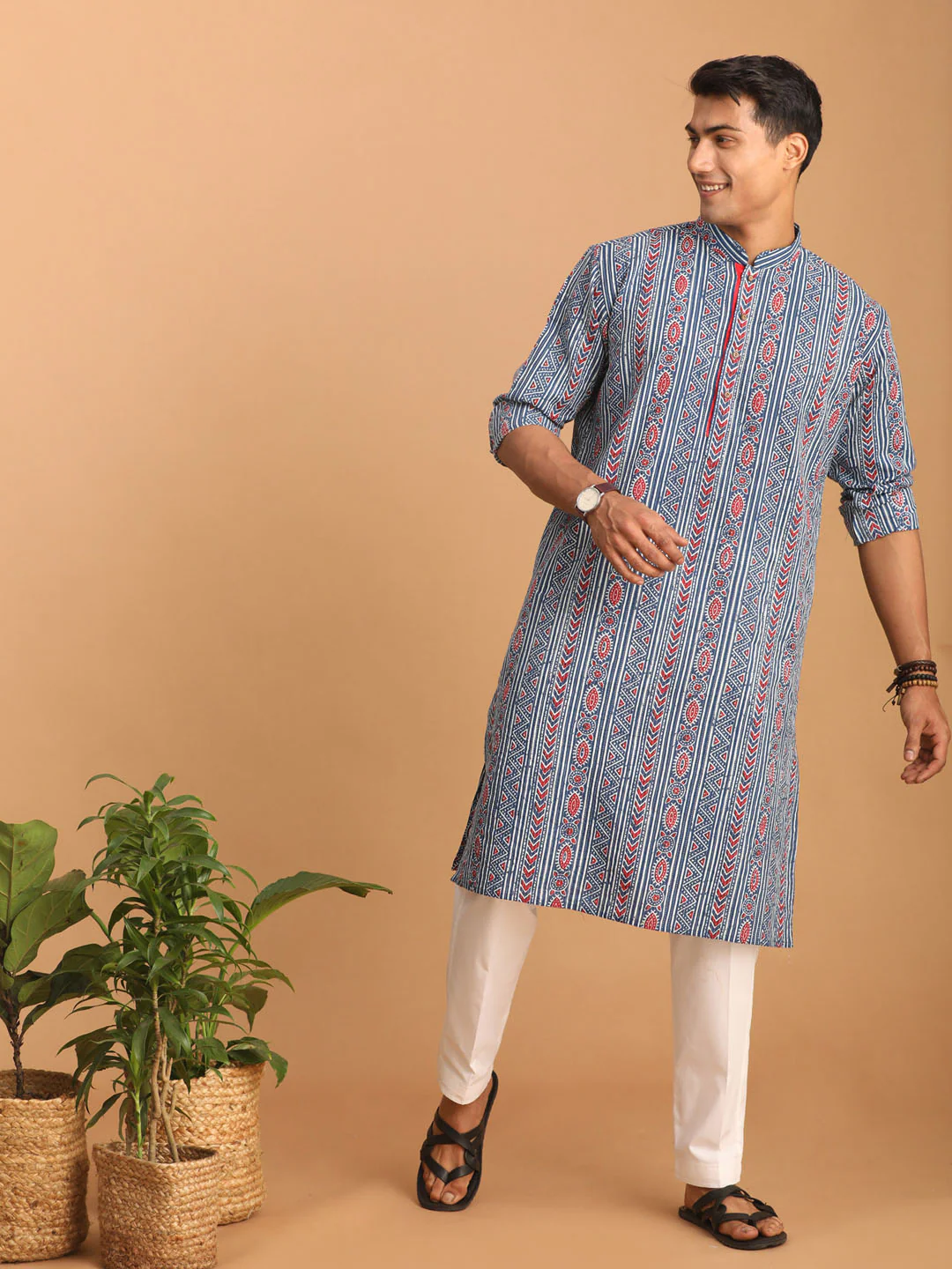 Men's Indigo Printed Cotton Kurta With White Pant Set - Image 9