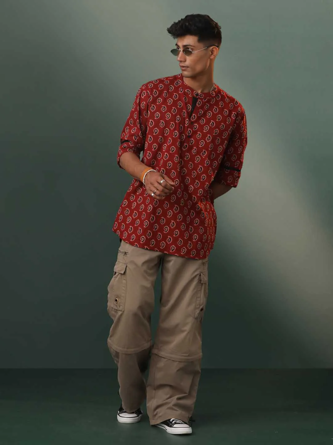 Men's Maroon Ajrakh Print Cotton Short Kurta - Image 5