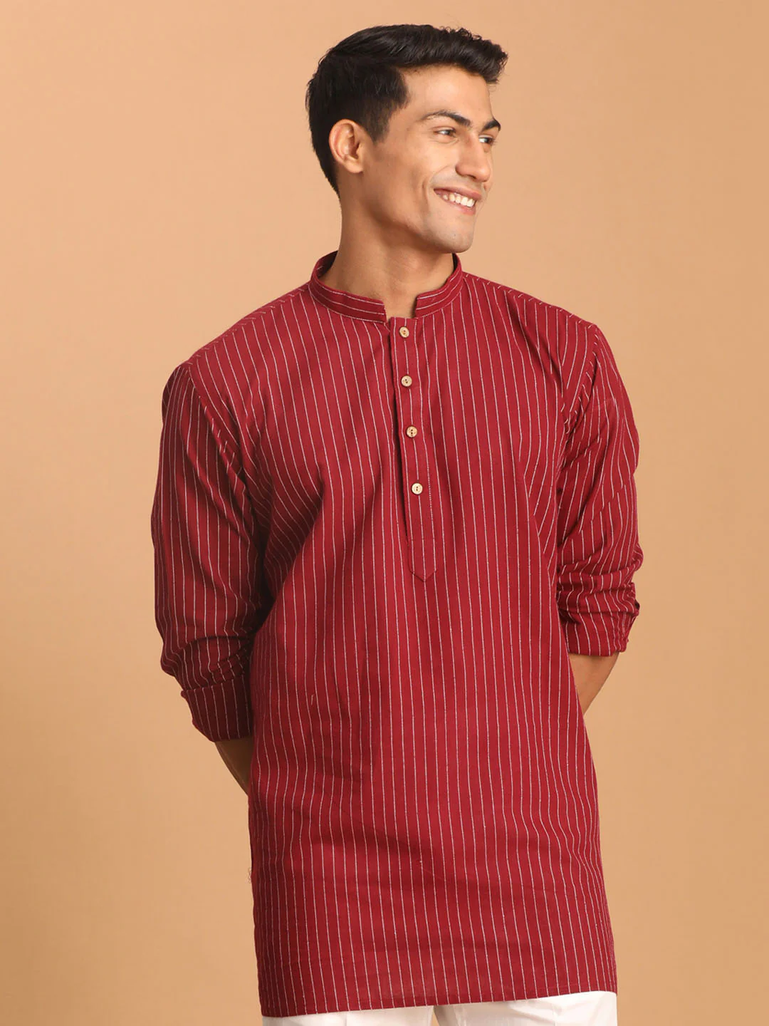 Men's Maroon Striped Cotton Short Kurta - Image 2