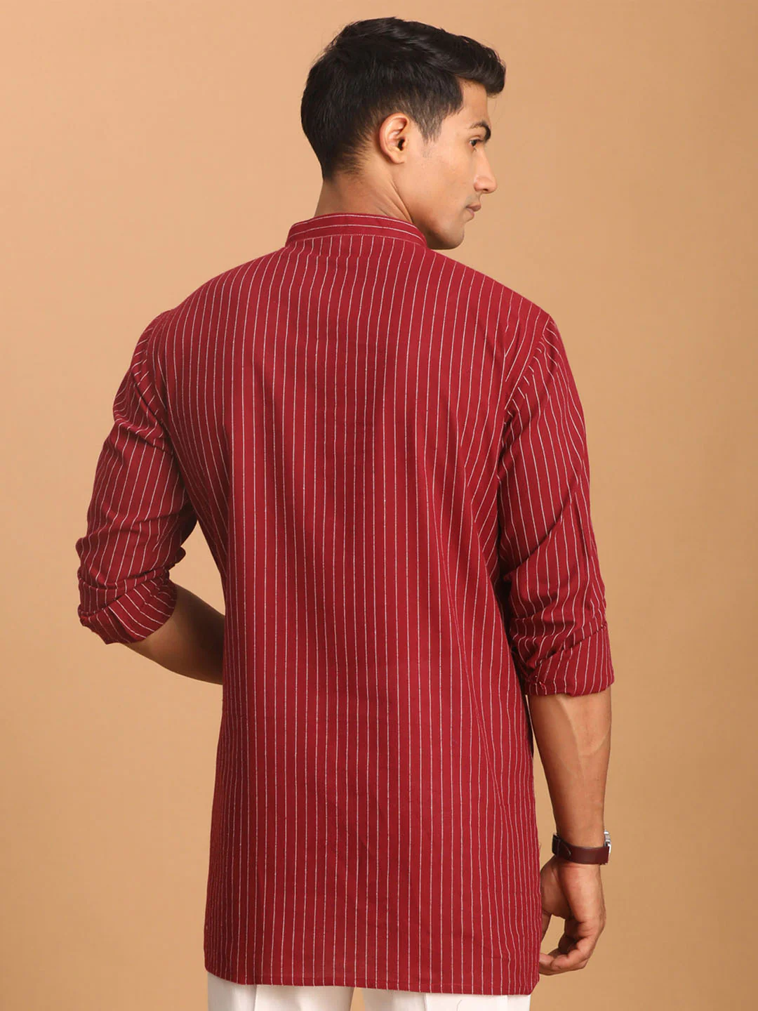 Men's Maroon Striped Cotton Short Kurta - Image 3