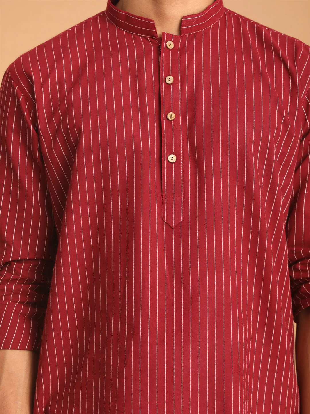 Men's Maroon Striped Cotton Short Kurta - Image 4