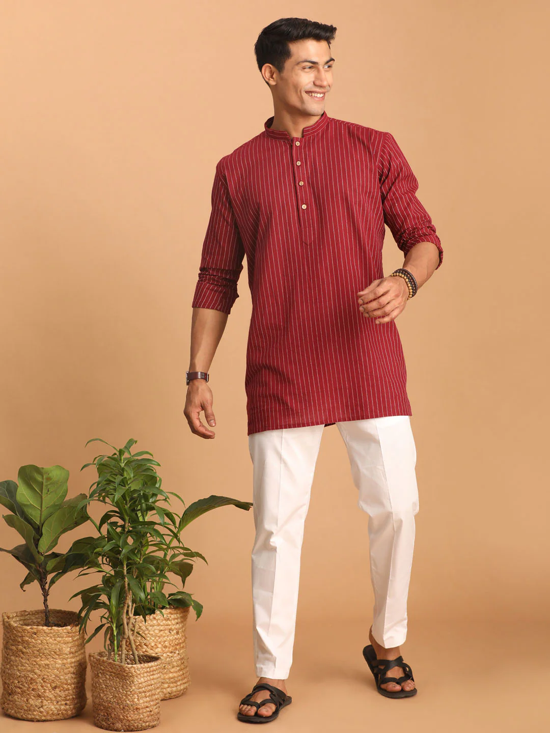 Men's Maroon Striped Cotton Short Kurta - Image 5
