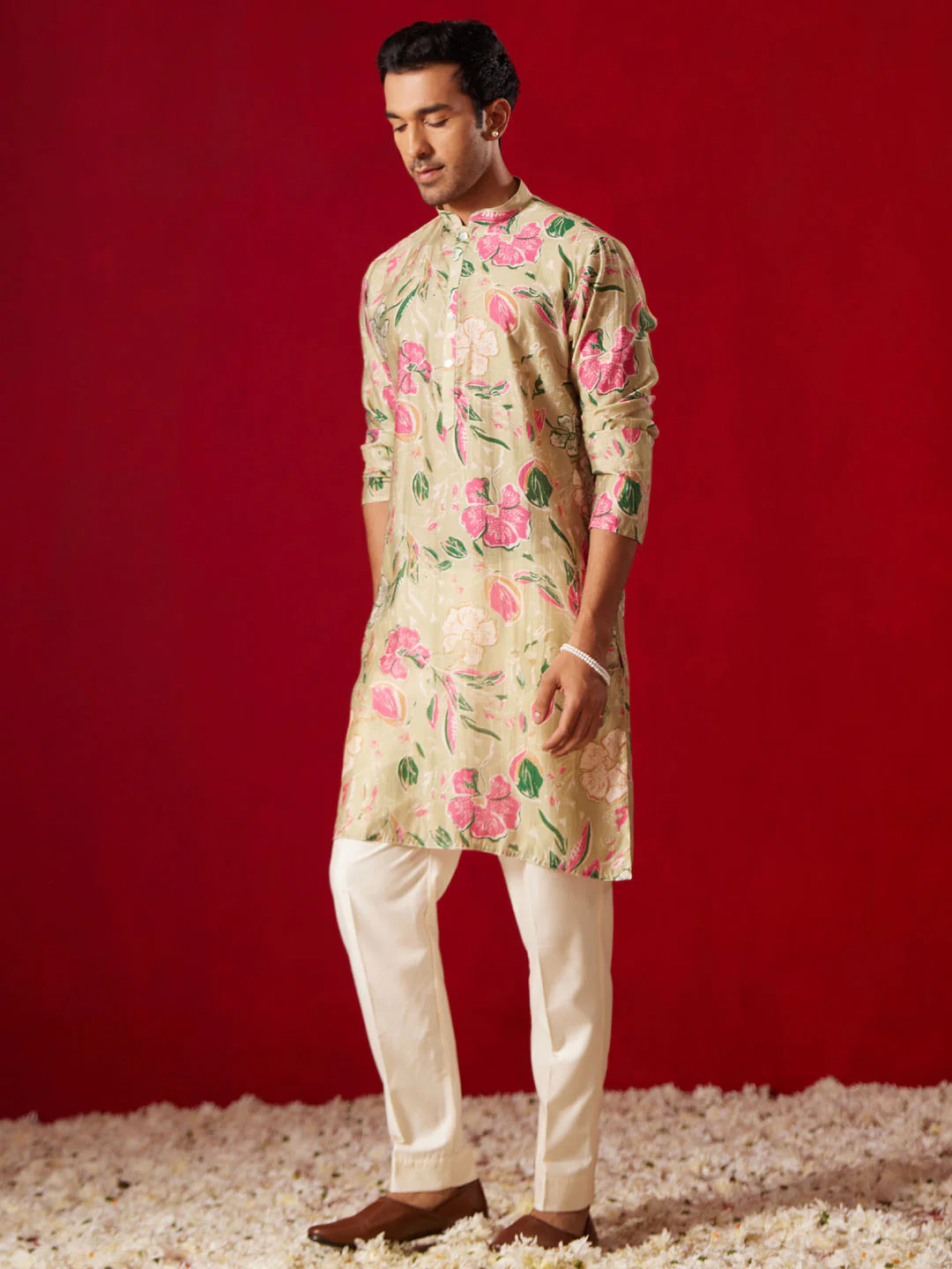 Men's Multicolor Base Beige Cotton Printed Kurta Pant Set - Image 7