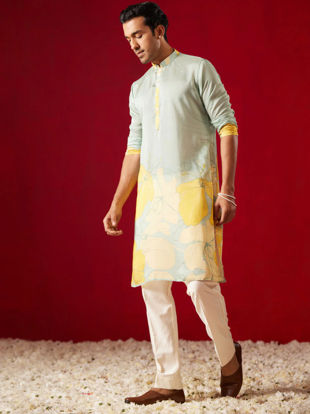 Men's Multicolor Base Yellow Cotton Printed Kurta Pant Set - Image 9
