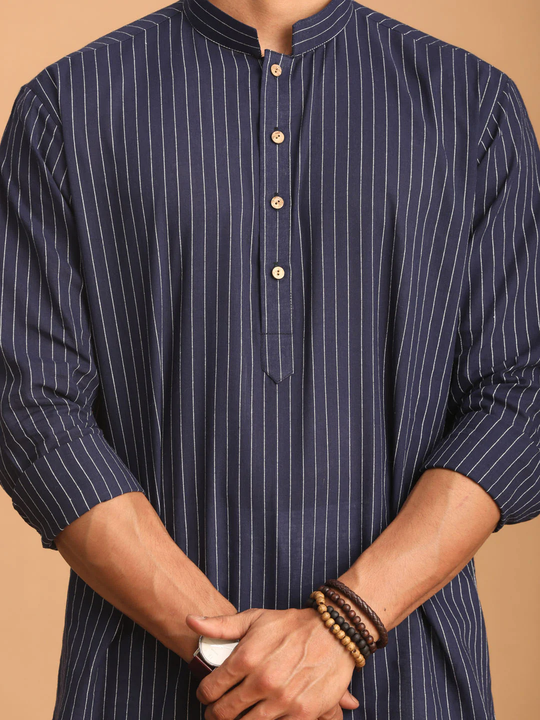 Men's Navy Blue Striped Cotton Short Kurta With White Pant Set - Image 3