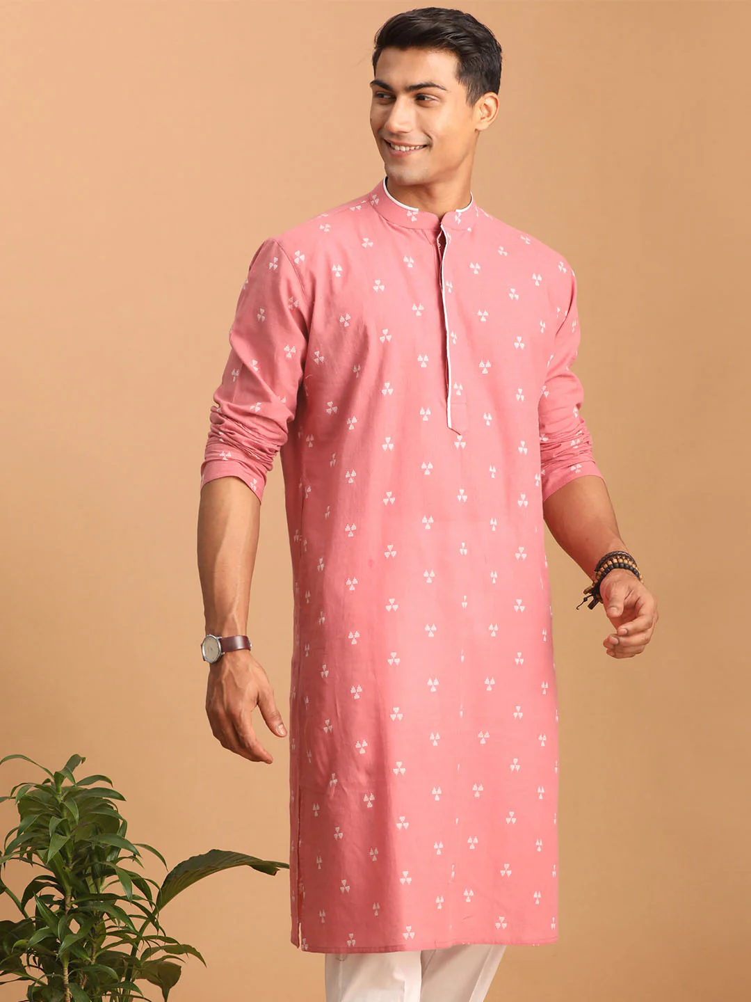 Men's Pink Geometric Booti Jacquard Kurta - Image 3