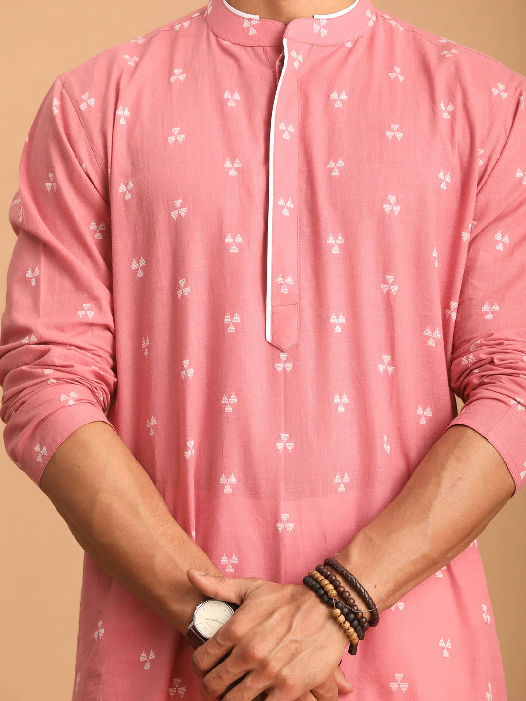 Men's Pink Geometric Booti Jacquard Kurta - Image 5