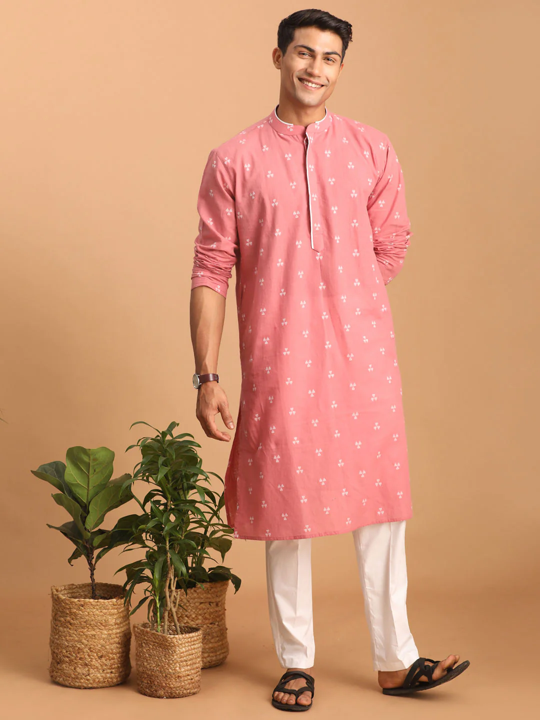 Men's Pink Geometric Booti Jacquard Kurta - Image 6