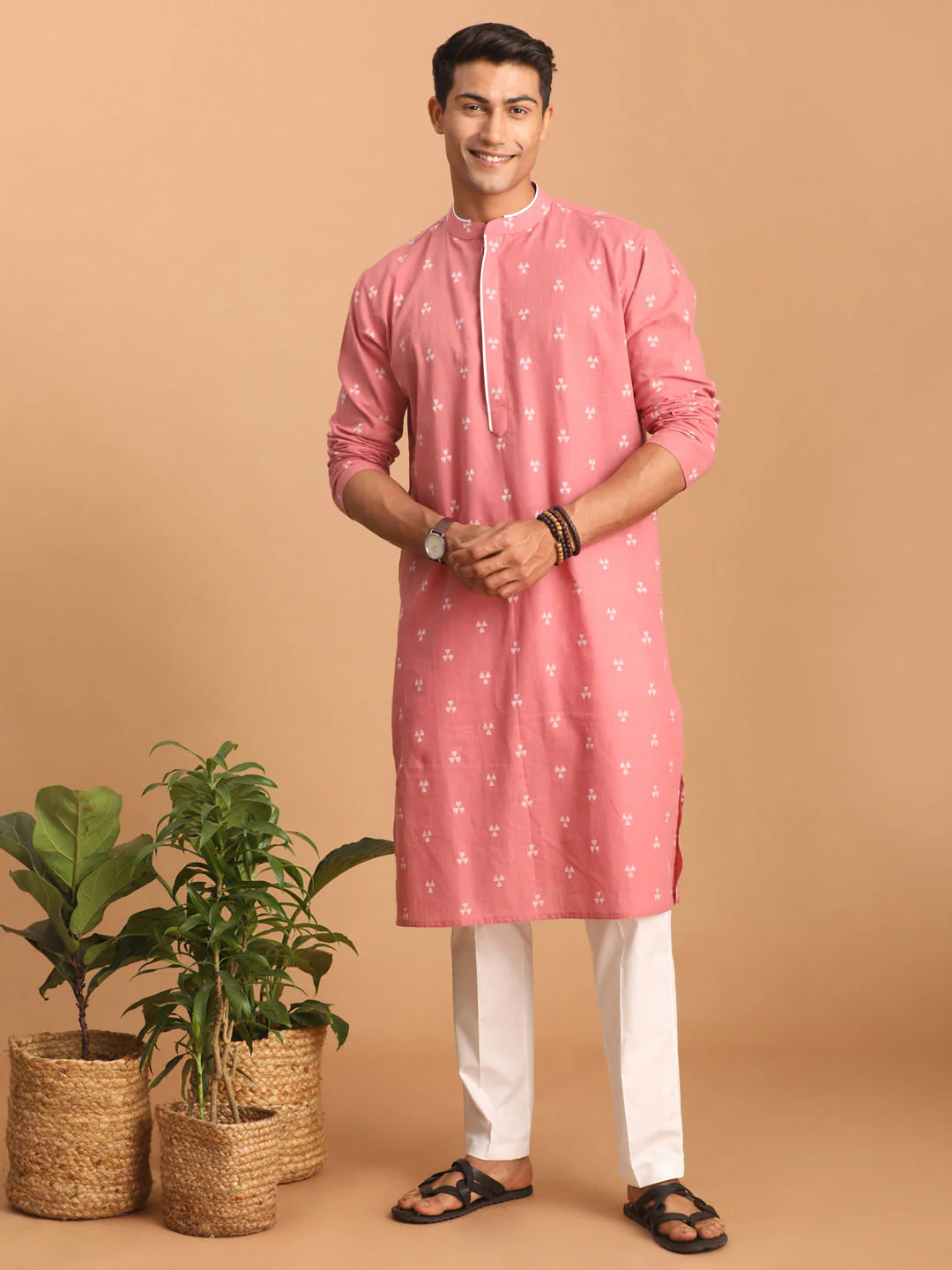 Men's Pink Geometric Booti Jacquard Kurta With White Pant Set - Image 6