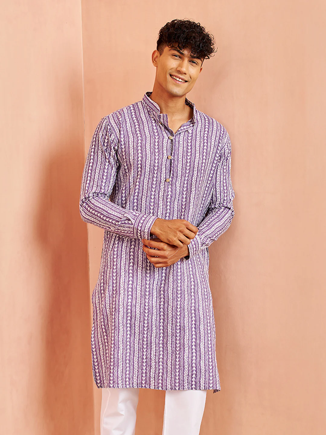 Men's Purple And White Batik Printed Kurta - Image 3