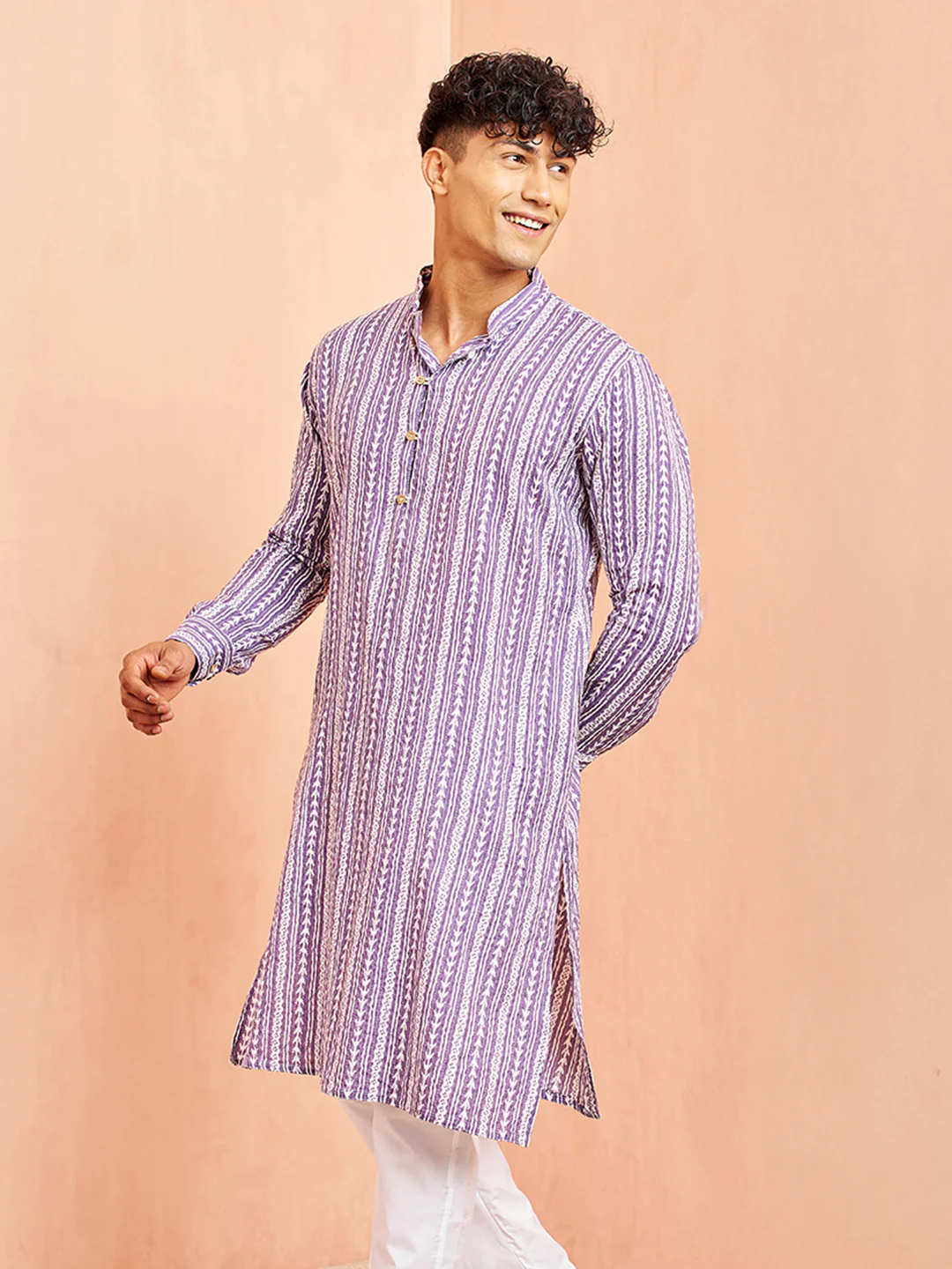 Men's Purple And White Batik Printed Kurta - Image 4