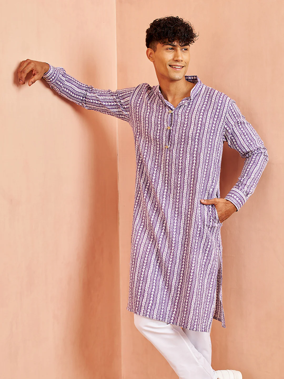 Men's Purple And White Batik Printed Kurta - Image 5