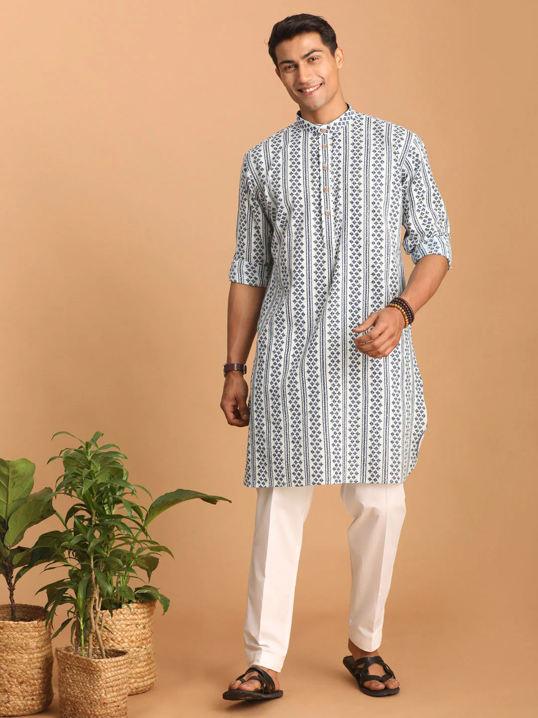 Men's White And Blue Geometrical Striped Printed Curved Kurta With White Pant Set - Image 7