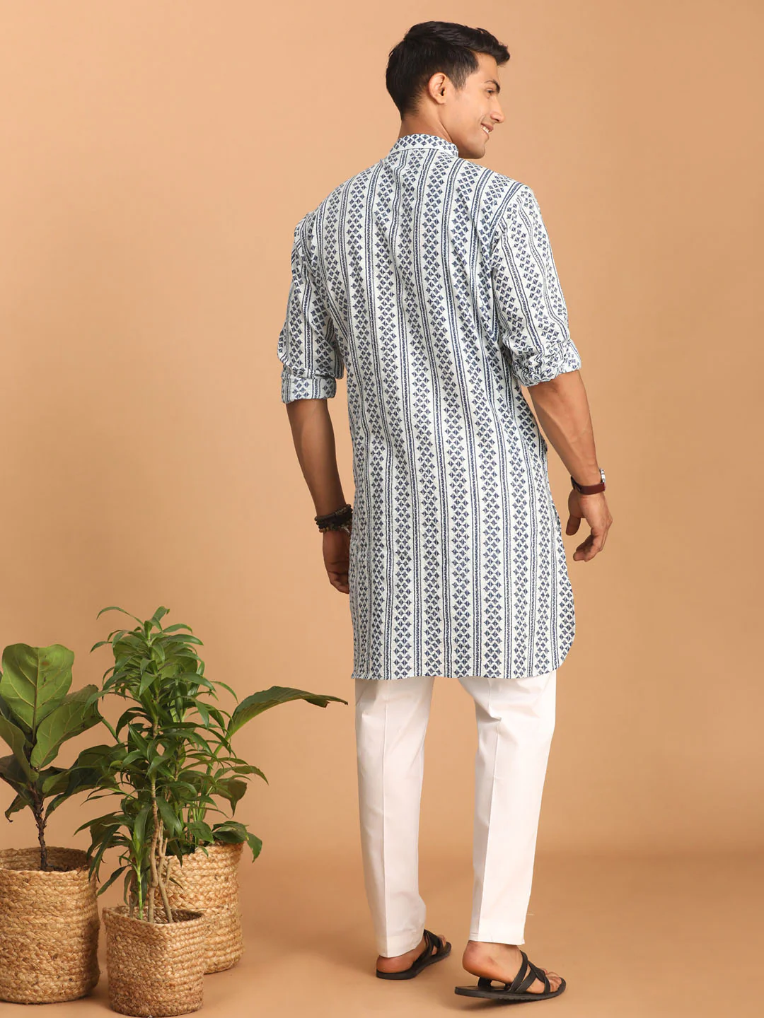 Men's White And Blue Geometrical Striped Printed Curved Kurta With White Pant Set - Image 3