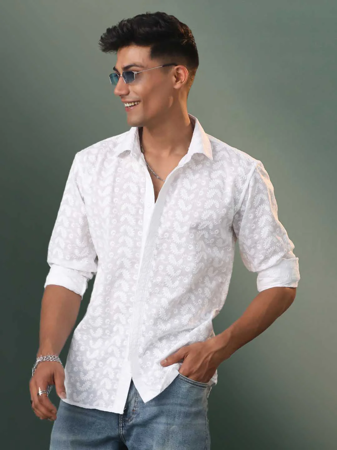 Men's White Chikankari Cotton Shirt - Image 2