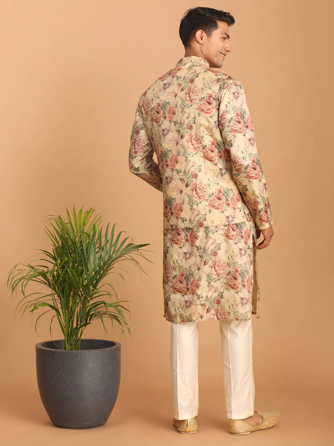 Beige Printed Nehru Jacket And Kurta With Cream Solid Viscose Pant Set - Image 3