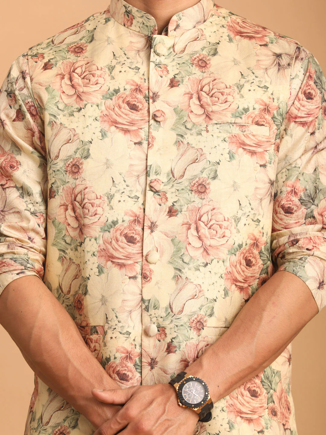 Beige Printed Nehru Jacket And Kurta With Cream Solid Viscose Pant Set - Image 4