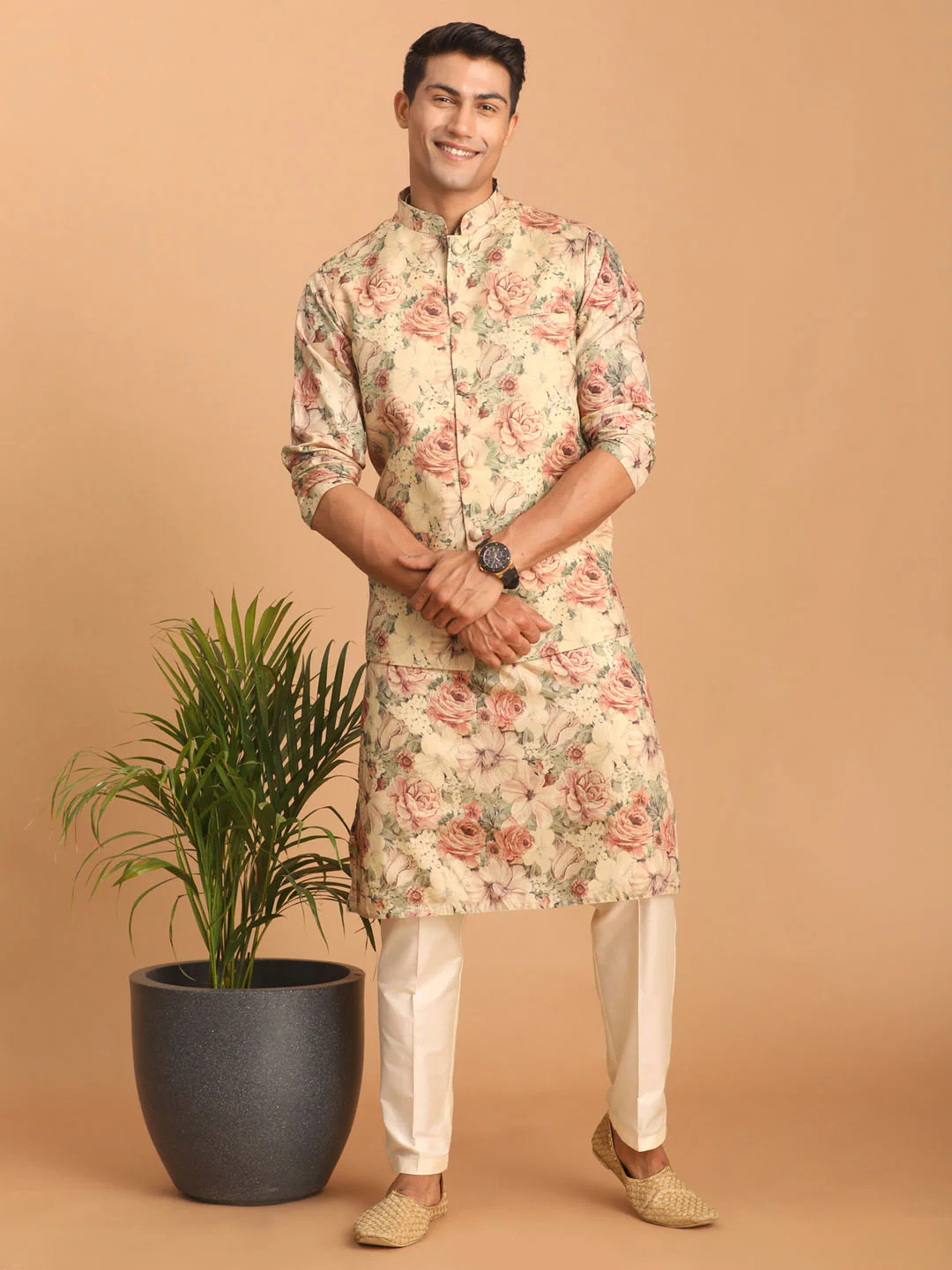 Beige Printed Nehru Jacket And Kurta With Cream Solid Viscose Pant Set - Image 6