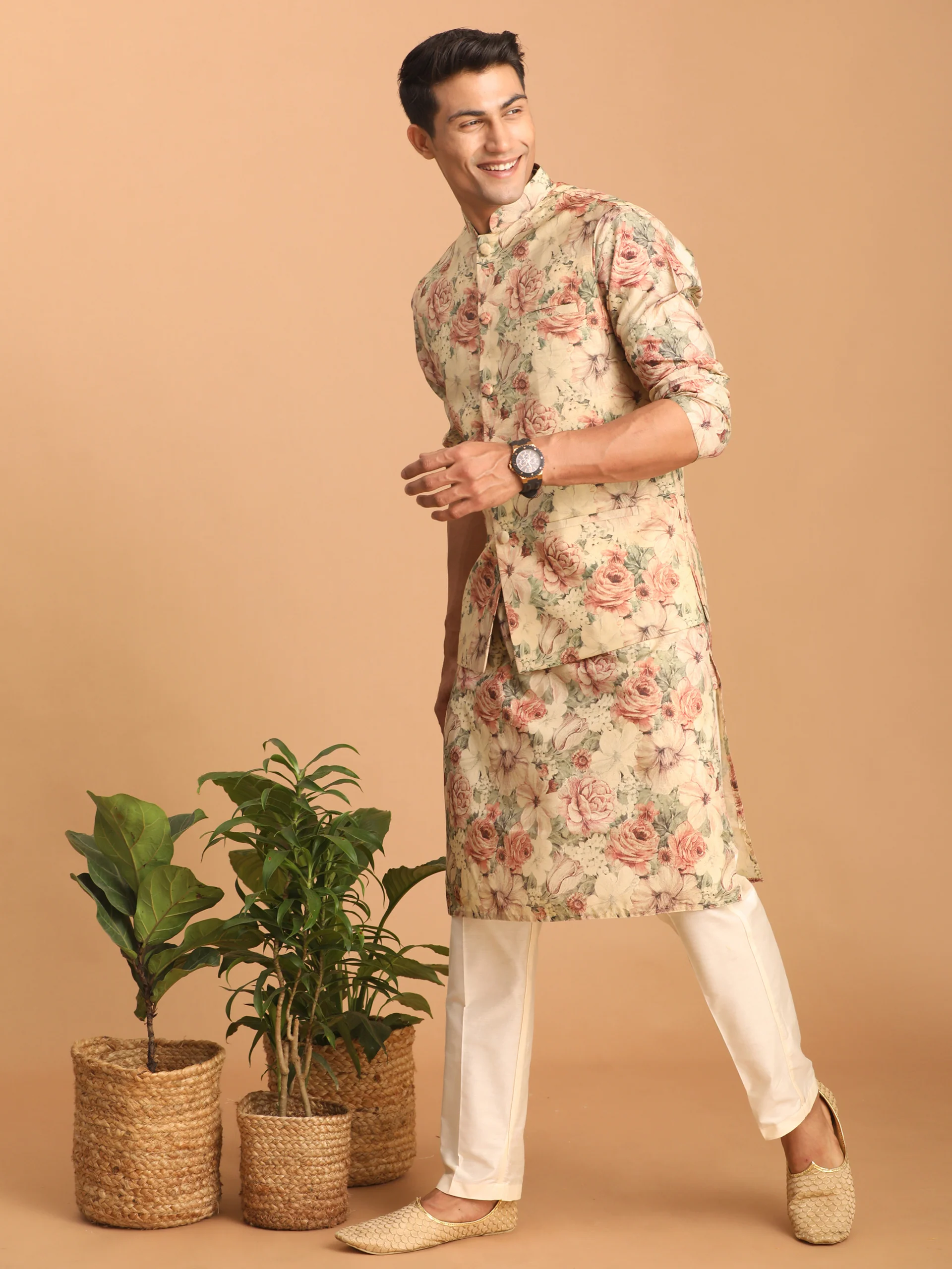 Beige Printed Nehru Jacket And Kurta With Cream Solid Viscose Pant Set - Image 7