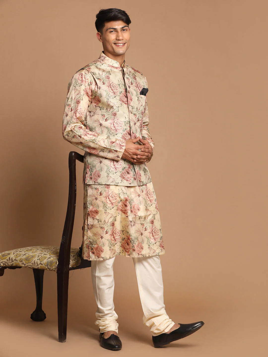 Beige Printed Nehru Jacket And Kurta With Cream Solid Pyjama Set - Image 7