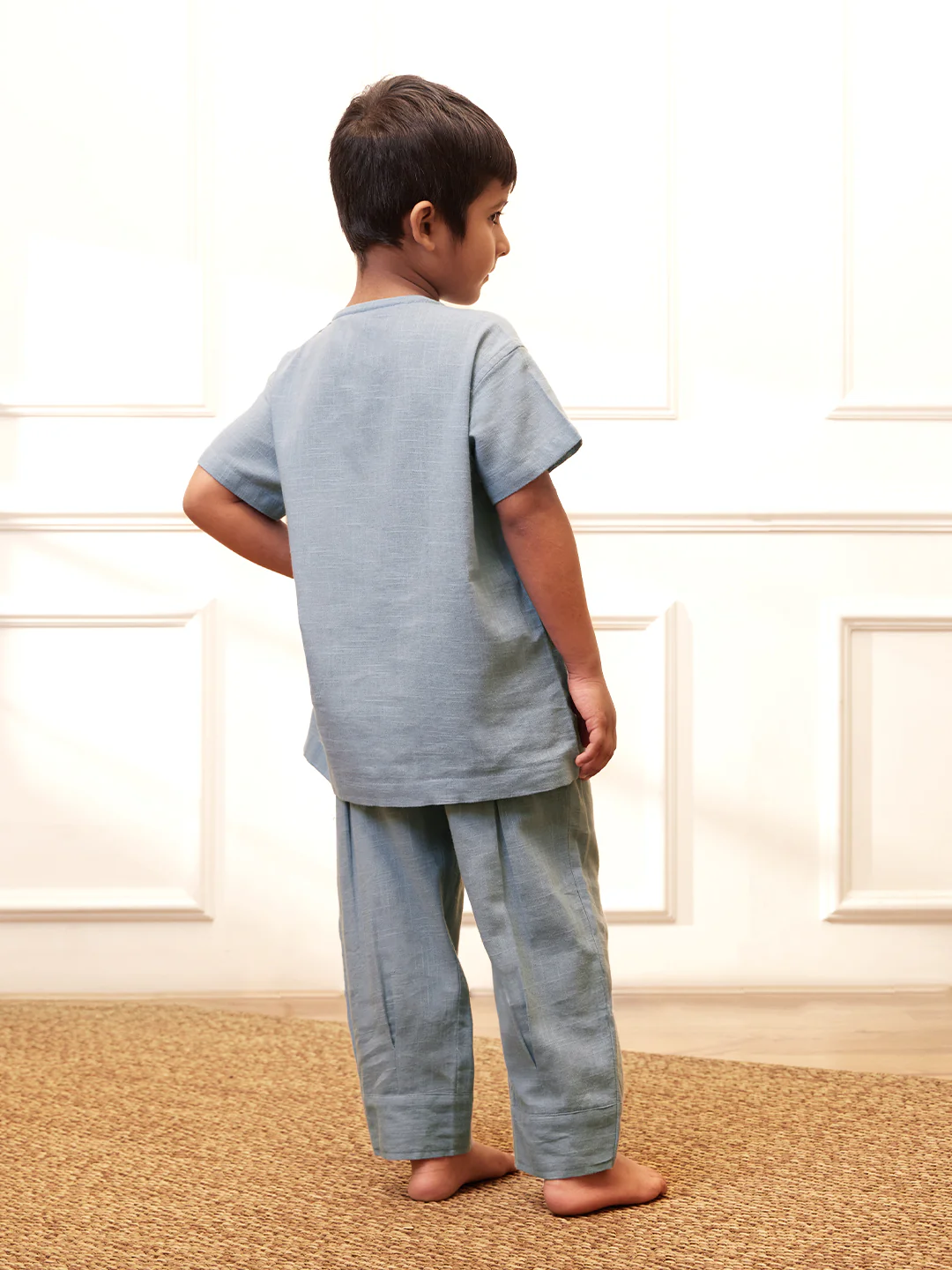 Boy's Aqua Solid Cotton Yoga Kurta Set With Trouser - Image 5